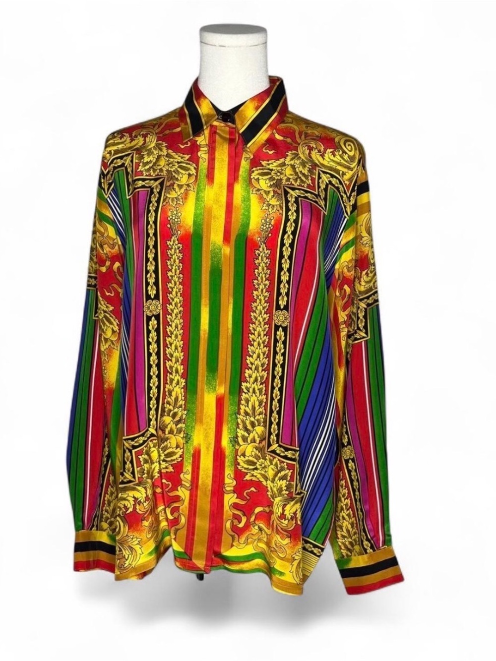 Vintage Bloomingdale’s Multicolor Baroque Print 100% Silk Button Down Shirt